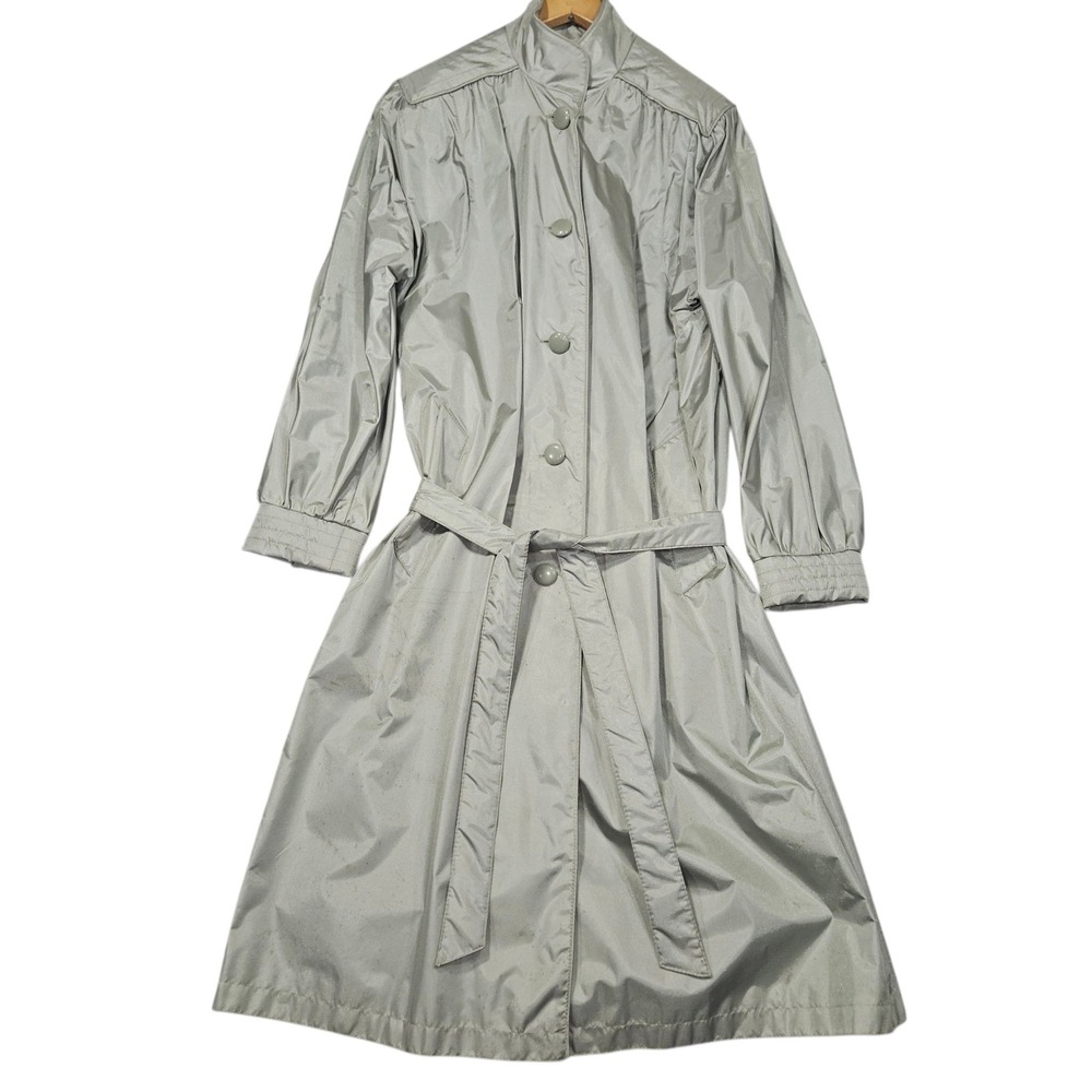 VTG Fleet Street 80s Belted Trench Raincoat Silver Metallic Nylon Sz 8